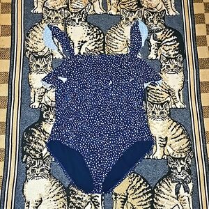 Kona Sol swimsuit one-piece polka dots Navy blue & white ruffles b23